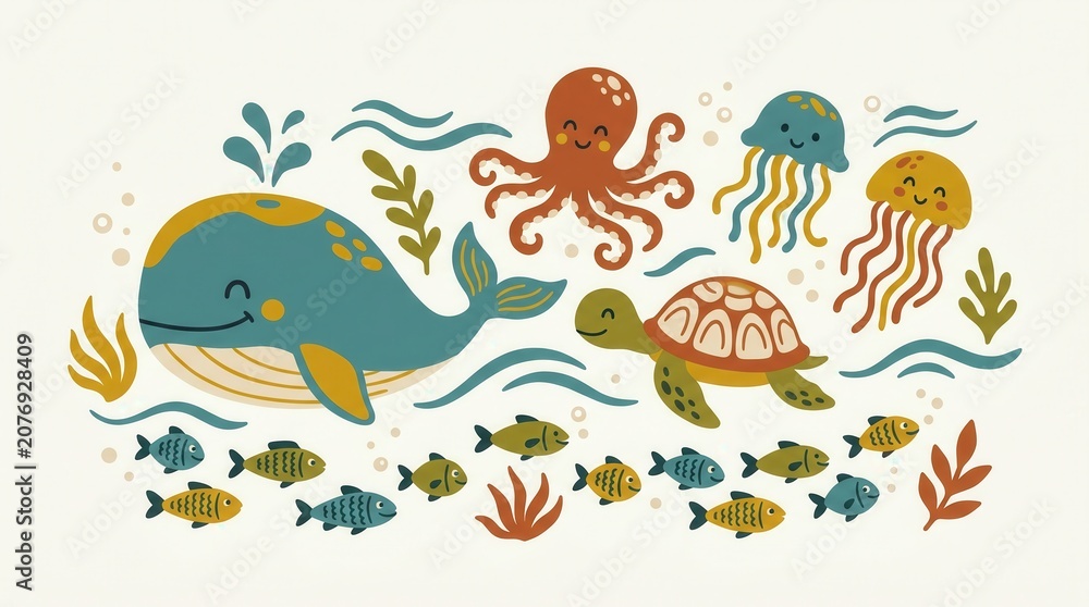 Fototapeta premium Smiling whale, octopus, sea turtle, jellyfish, and various fish swim together in the ocean