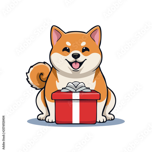Cartoon Shiba Inu Dog with Gift Box