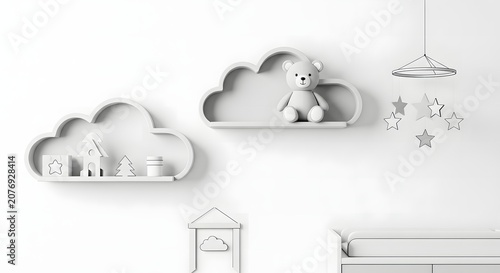 Minimalist white nursery room decor with cloud-shaped shelves, a teddy bear, small house figurines, and a star mobile, creating a serene environment.