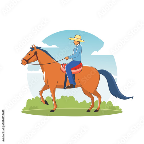 Cowboy riding a horse in a flat illustration style