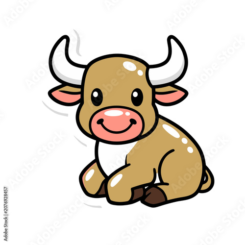 Cute cartoon bull sitting and smiling