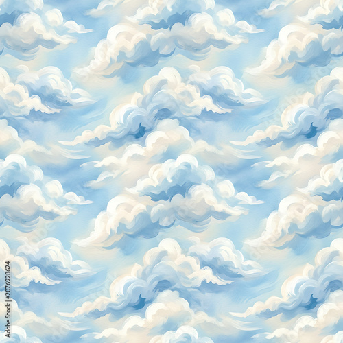 billowy clouds drift across a bright blue sky.