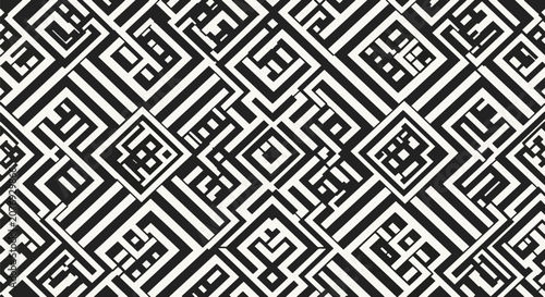 Seamless black and white geometric interlace pattern featuring interlocking square labyrinth motifs and abstract maze-like structures in a high-contrast minimalist vector style.