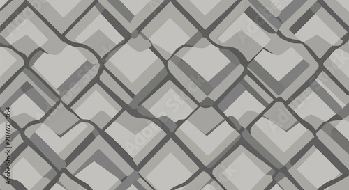 Abstract seamless geometric pattern featuring interlaced wavy stripes in shades of gray and monochrome. Interlocking diagonal lines create a textured woven grid effect for backgrounds.
