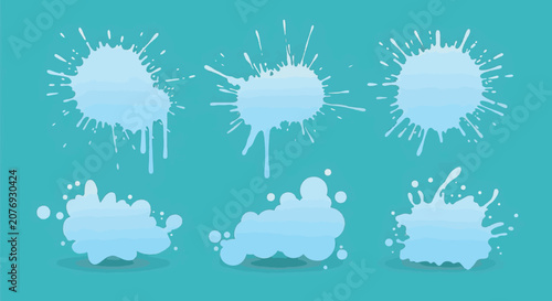 Set of six light aqua blue paint splatter and bubble vector illustrations isolated on a teal background, featuring dripping liquid effects, spray droplets, and stylized cloud shapes.