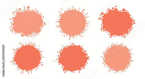 Set of six coral pink paint splatters and ink blotches isolated on a white background. Various shapes including round splashes, liquid drops, and starburst effects for graphic design.