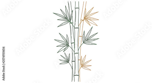 Vertical minimalist single line art illustration of green and brown bamboo stalks with pointed leaves, continuous line drawing on white background, botanical graphic design.