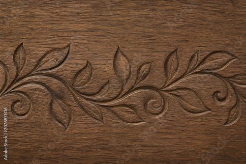 Intricate floral vine carving on dark textured wooden surface