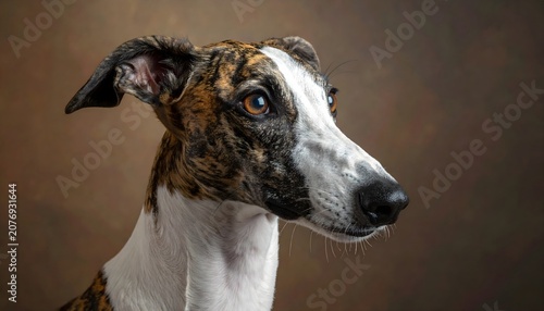 Close-up Portrait of a Whippet Dog with Short Brindle Coat in Soft Light