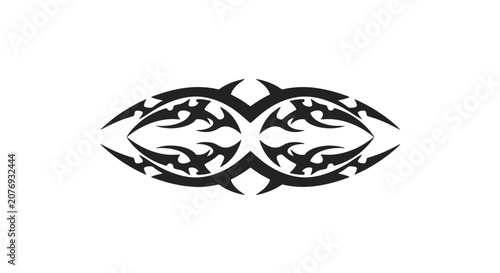 Symmetrical black tribal emblem featuring double curved patterns and sharp pointed edges on a white background, displaying intricate Polynesian and Maori inspired tattoo art style.