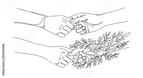 Minimalist continuous line drawing of two sets of hands interlocking pinky fingers, including one version with botanical floral branches and leaves on a plain white background.