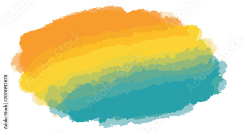 Abstract watercolor splash featuring a smooth gradient transition from amber orange and bright yellow to vibrant lime green and deep teal blue on a solid white background.
