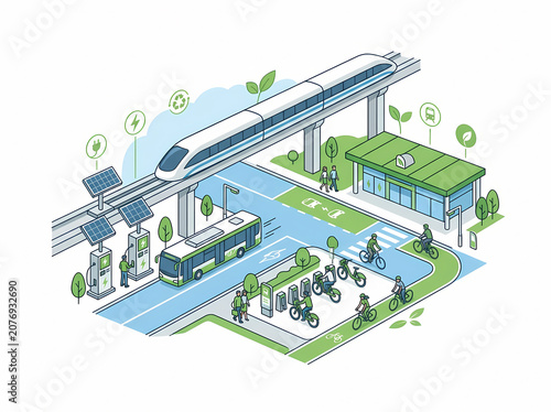 Futuristic isometric illustration of a sustainable smart city with electric vehicles, solar panels, and green transportation options.
