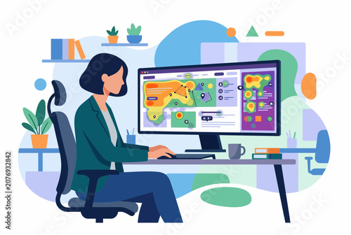 Female Data Analyst Reviewing UX Heat Map and Business Statistics