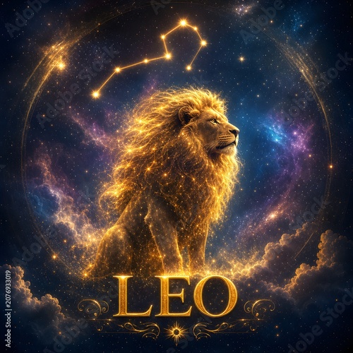 Golden Leo Zodiac Constellation with Majestic Lion in Cosmic Galaxy Space Astrology Illustration. 