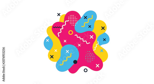 Abstract geometric composition featuring colorful organic liquid blobs in pink, blue, and yellow with Memphis style elements like crosses, wavy lines, and dots on white background.
