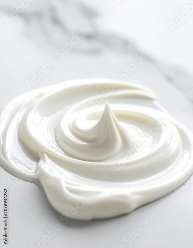 Smooth cosmetic cream swirl on a marble surface, closeup of white skincare lotion, moisturizer texture, beauty product sample, hygiene and wellness