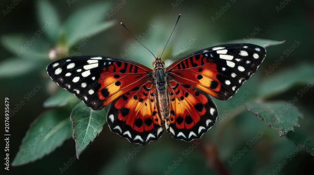 Obraz premium Vibrant Butterfly with Orange and Black Wings on Green Leaves