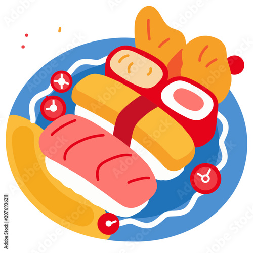 Flat vector illustration of sushi on a plate