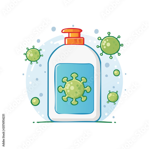 Hand sanitizer bottle with virus and germs illustration