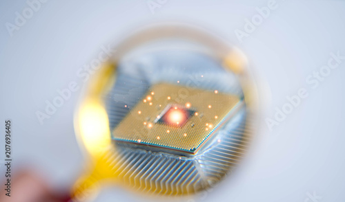 Canvastavla Magnifying glass inspecting advanced AI processor on CPU cooler with digital network and global connection effect