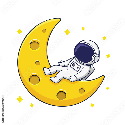 Cartoon astronaut sitting on crescent moon with stars