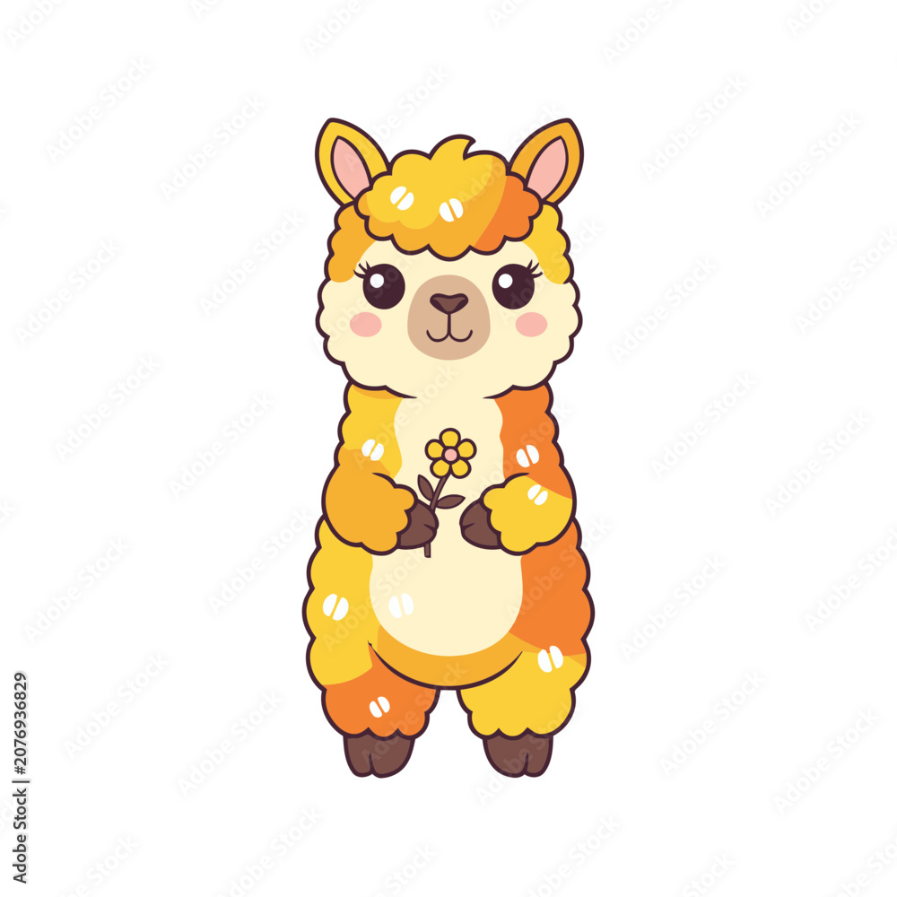 Obraz premium Cute cartoon alpaca holding a flower
