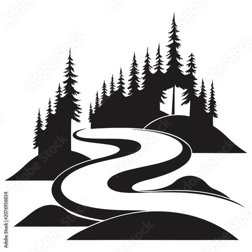  Winding forest road with tall pine trees silhouette