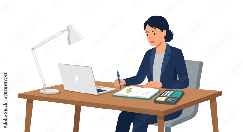 Fototapeta premium A professional woman in a business suit sits at her desk, writing ideas in a notebook alongside a laptop and a brightly lit desk lamp.
