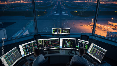 Airport Traffic Control Tower Monitors at Night