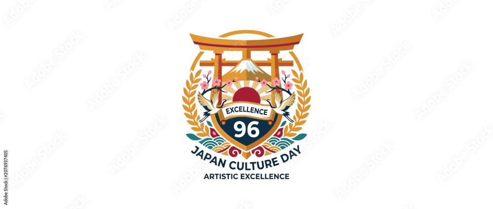 Obraz premium Traditional Heritage Emblem with Torii Gate and Mountain Peak Illustration