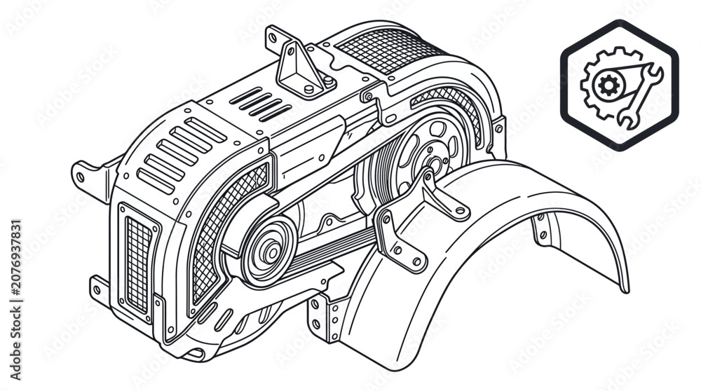 Obraz premium Belt drive system assembly with repair tool icon.