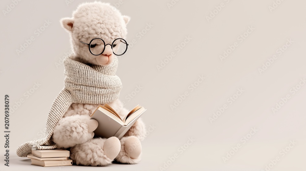 Fototapeta premium Cute Cozy Alpaca Reading a Book Wearing Round Glasses with Warm Neutral Copy Space Background