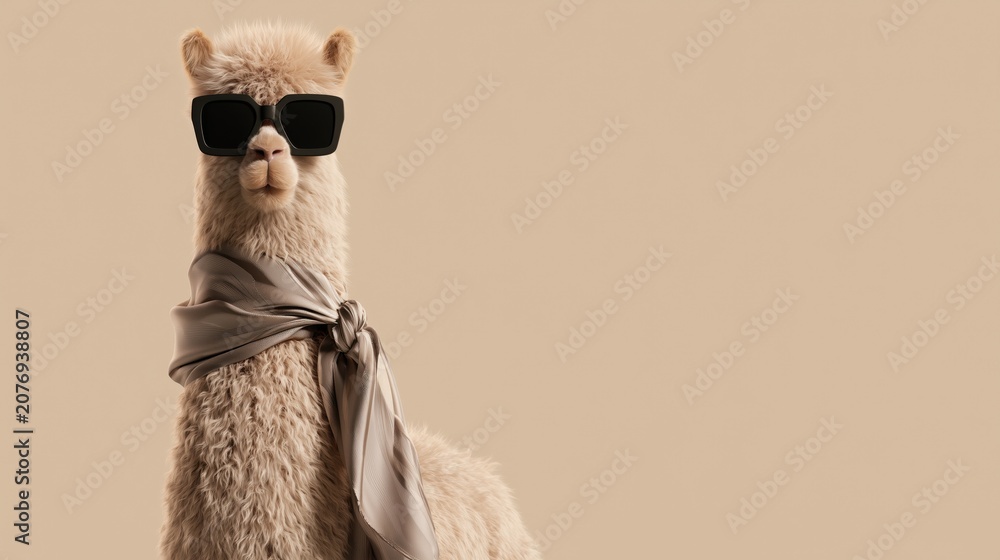 Fototapeta premium Luxury Fashion Alpaca Wearing Oversized Sunglasses and Silk Scarf with Elegant Neutral Copy Space