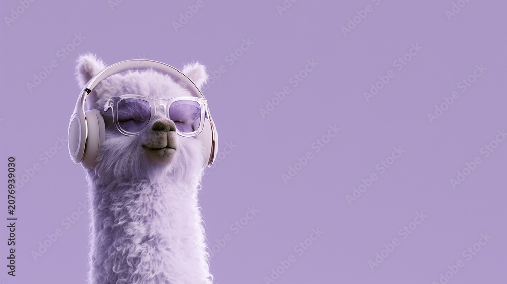 Fototapeta premium Stylish Alpaca Wearing Headphones and Transparent Glasses Enjoying Music on Lavender Background with Copy Space