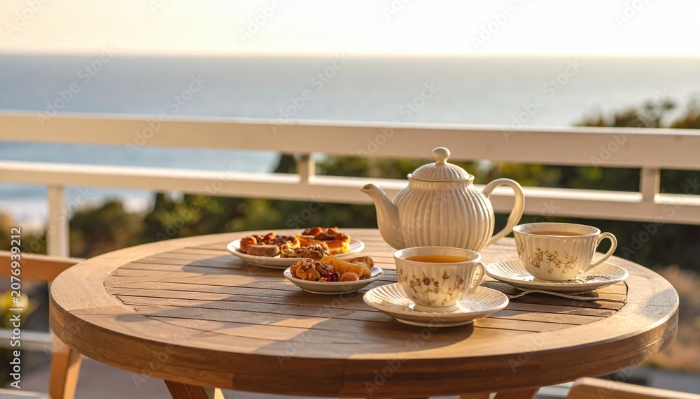 Fototapeta premium Tea time on a wooden balcony overlooking the ocean with pastries and fruit