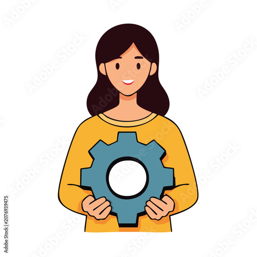 Woman holding blue gear illustration