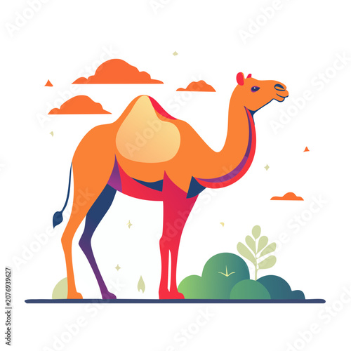 Flat vector illustration of a camel with desert elements