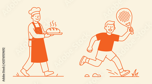 Baker carrying fresh bread and padel player running with racket line art vector illustration