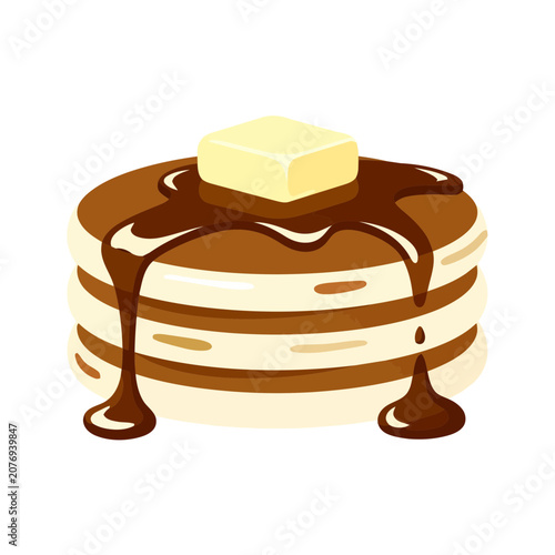 Stack of pancakes with syrup and butter, flat vector illustration