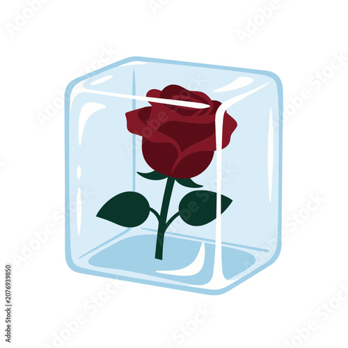 Red rose frozen in ice cube vector illustration
