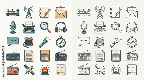 Canvas-taulu Set of communication icons in color and outline versions, representing various forms of transmitting information and data