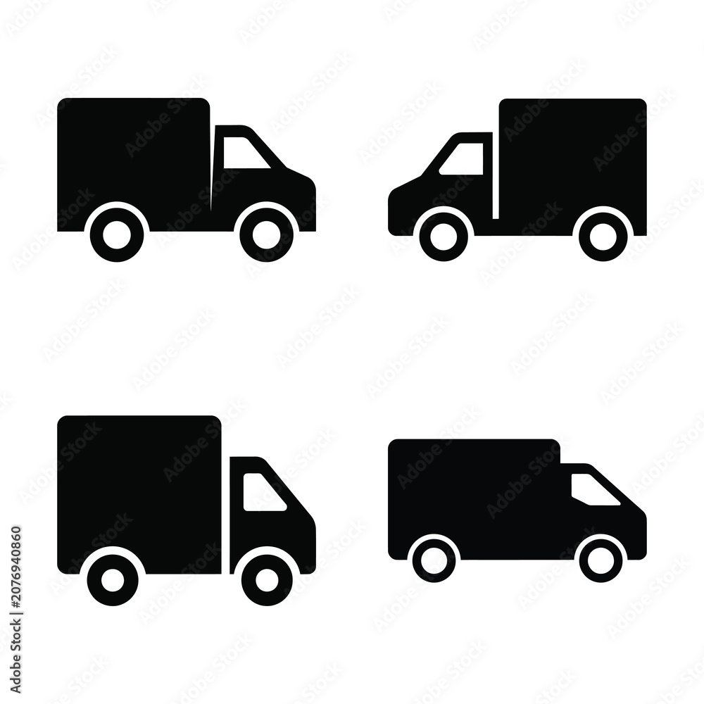 Fototapeta premium Set of delivery truck icons featuring different box vehicle designs for logistics cargo.