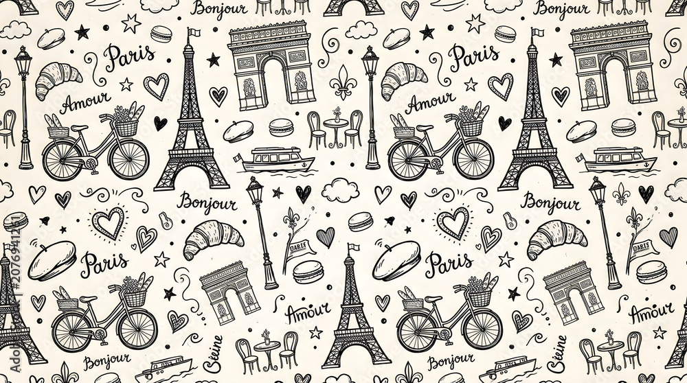 Paris city seamless pattern with hand drawn doodle icons