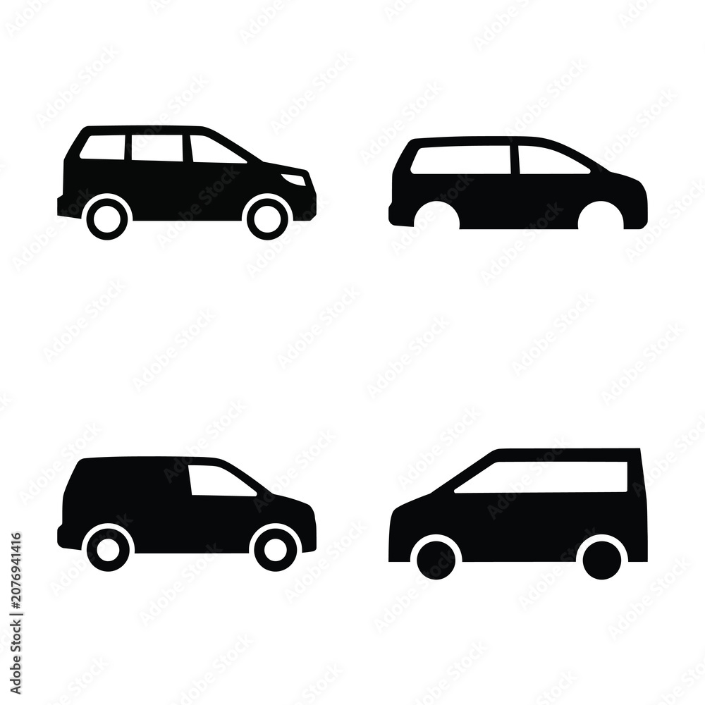 Fototapeta premium Collection of black van and minivan vehicle icons isolated on white background for design.