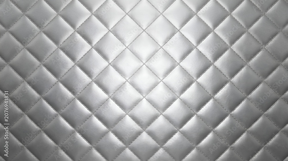 Fototapeta premium White quilted leather texture background, luxury padded upholstery pattern, elegant silver diamond stitch fabric wallpaper for interior design