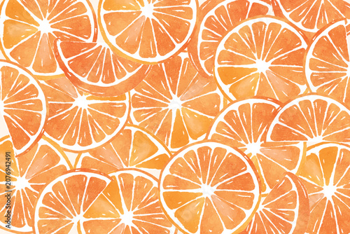 Watercolor sweet oranges summer fruit sliced pattern. watercolor citrus pattern style. Blooming orange branch pattern design. Fruit illustration for fabric or wallpaper design.