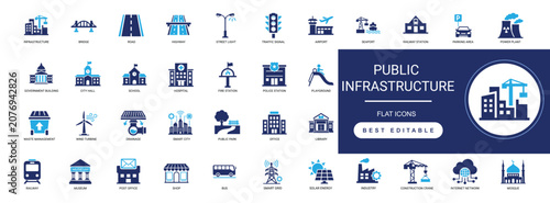 Photos Public infrastructure solid icon set, city public utility facility urban editab
