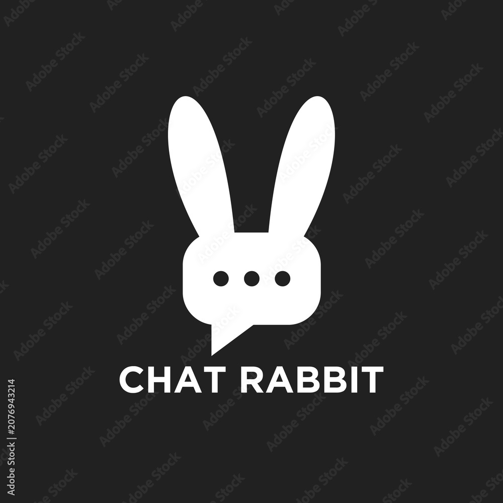 Fototapeta premium Chat Rabbit Logo Design with Speech Bubble and Bunny Ears Symbol on Black Background