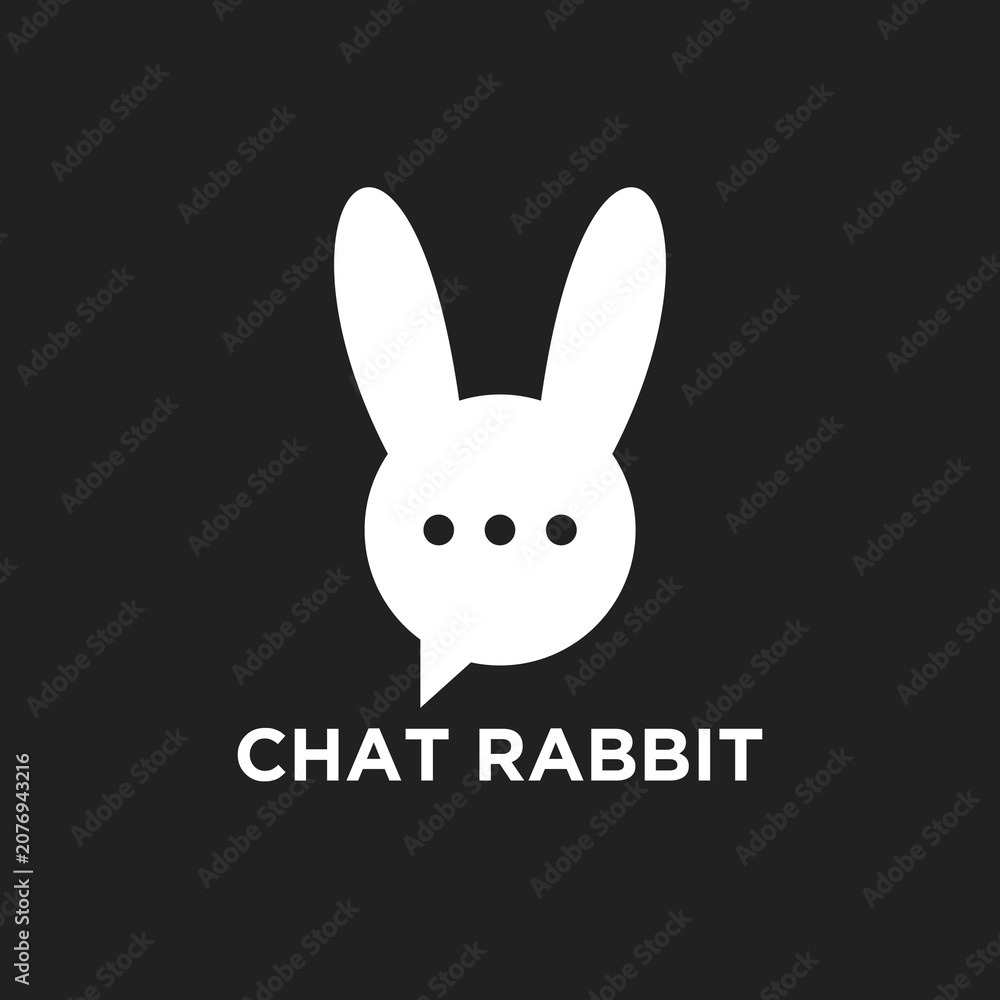 Fototapeta premium Minimalist white rabbit head logo with speech bubble and three dots, representing chat, communication, and AI, on a dark black background.